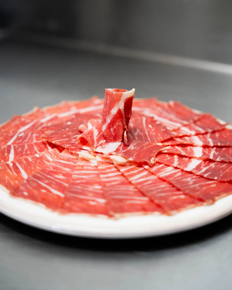 Plato de jamón loncheado colocado en forma de rosa